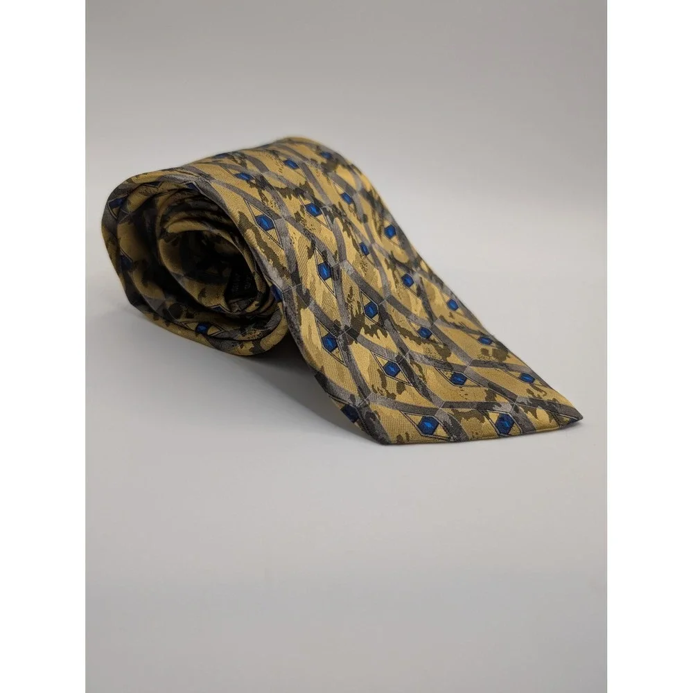 Stafford Executive Mens Tie Made in Italy Silk Geometric Gold Grey Blue 4 Inch